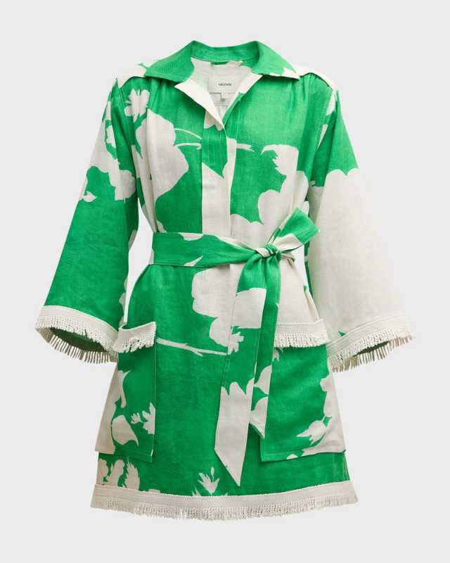 Belted Floral-Print Fringe-Trim Mini Dress
